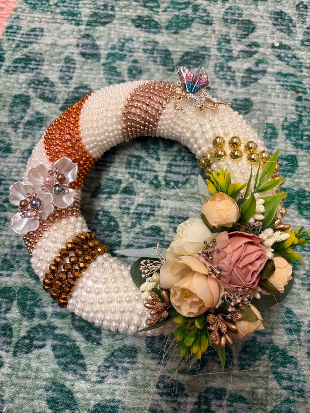 Handcrafted Pearl and Floral Women’s Wreath Accessory - Cream, Gold & Rose